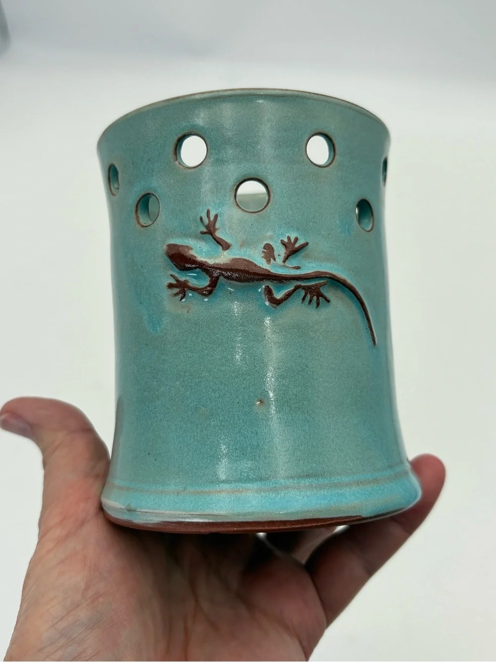 Vintage Turquoise Kilnworks Pottery Lizard Candle Holder- Made in Virgin Islands